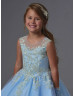 Gold Lace Blue Organza Ankle Length Wedding Flower Girl Dress 